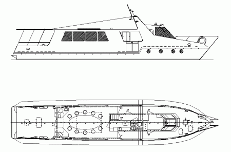 Теплоход проекта № АДИ002. Вид сбоку и план главной палубы. (17,95 кБ)