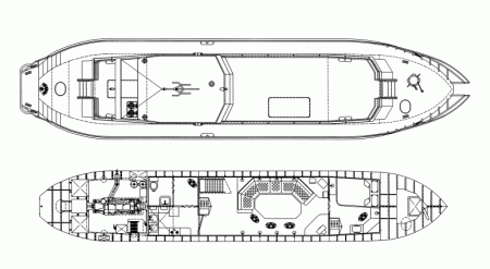 Теплоход проекта № АДИ006. Вид сверху и план главной палубы. (29,46 кБ)